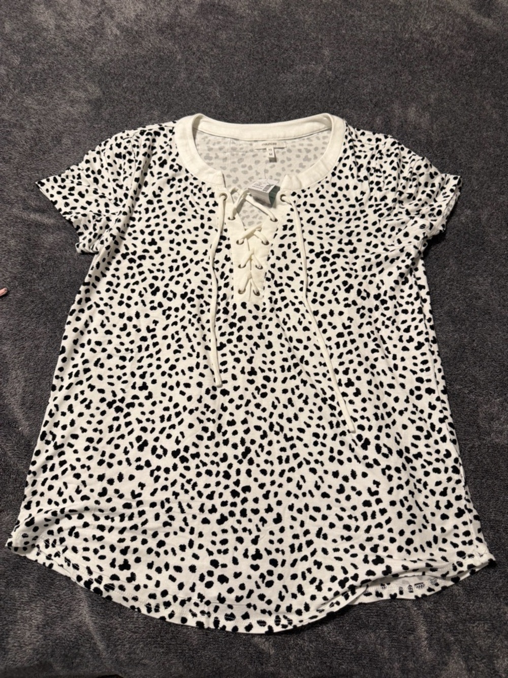 Maurices Lace-Up Dalmatian Spot Short Sleeve Top - White & Black
